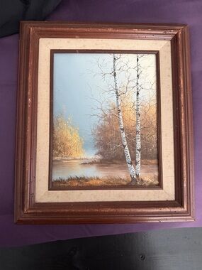 Vintage Framed Birch Tree Landscape Painting - Brown Frame, Cream Mat